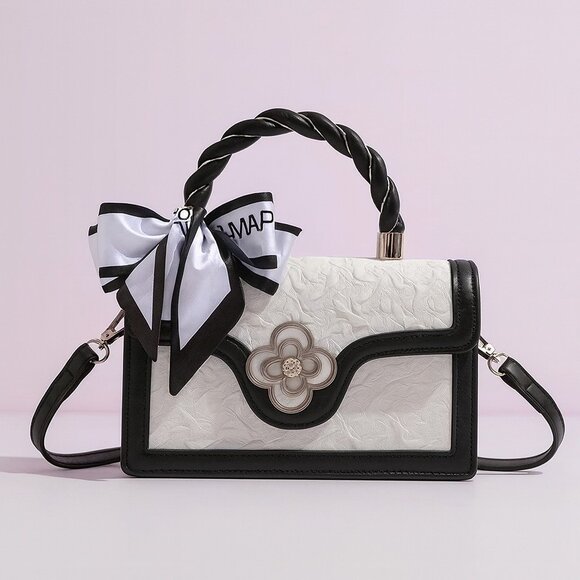 Handbags - Chic Black/White Textures Floral Mini Crossbody Top Handle Bag w/Twilly
